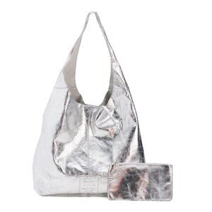 HAUTE HIPPIE STYLE Silver Leather Festival Metallic Large Hobo With Pouch